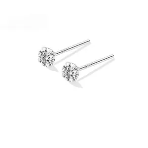 Elegant minimalist S999 sterling silver four-prong stud earrings with clear round cut stones