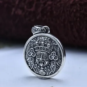 Close-up detail of S925 sterling silver Zhaji Lhamo pendant with retro engraving