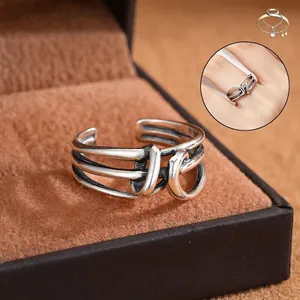 Vintage 925 Sterling Silver Knot Wrap Open Ring For Men Women Minimalist Adjustable Distressed Oxidized Finger Ring Jewelry Gift