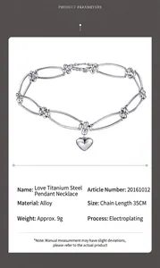 Minimalist silver heart pendant necklace with alloy material and 35cm chain length.