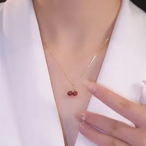 Collier Pendentif Cerise en Argent Sterling 925 pour Femme Style Fruit Frais Sucré Électroplaqué Or Argent Strass Bijoux