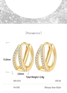 Detailed dimensions of V-shaped double-layer S925 silver hoop earrings with crystals