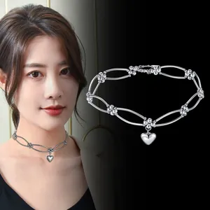 Minimalist Metal Heart Pendant Necklace For Women Ins Cold Style Niche Design Silver Color Electroplated Clavicle Chain Jewelry