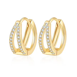 Double-layer V-shaped pavé cubic zirconia hoop earrings in S925 sterling silver