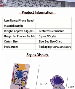 Detailed product information table and dimensions for astronaut acrylic phone stand