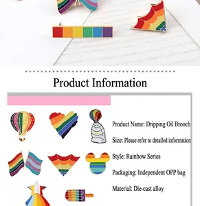 Detailed view of rainbow enamel pins in various creative shapes like hearts and balloons