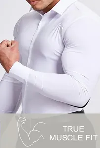 Close-up view of a white professional high-stretch muscle fit shirt on a male model
