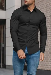 Detail of a men's slim fit black long sleeve shirt with high elasticity fabric