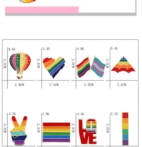 Detailed size and weight chart for various rainbow themed enamel lapel pins and brooches