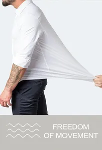 White high-stretch long sleeve business dress shirt for men showing flexible fabric and movement