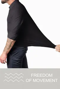 Close-up of high elasticity black men's long sleeve business shirt showing stretch