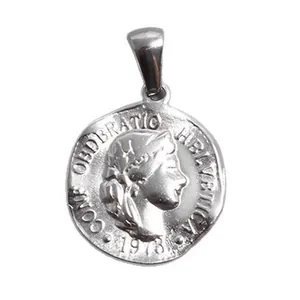 Vintage stainless steel coin pendant necklace featuring an embossed female portrait