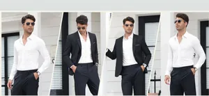 Professional views of a men's slim fit white long sleeve dress shirt with a suit.
