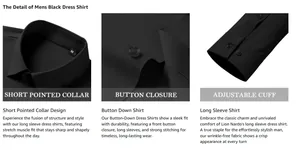 Detail shots of men's black dress shirt showing collar, buttons and adjustable cuffs.