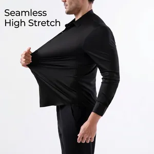 Macro view of high elasticity on a men's black seamless long-sleeve business shirt