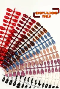Close-up detail of diverse colorful short almond shaped press-on artificial nails