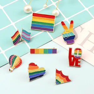 Rainbow Enamel Pin LGBTQ Pride Month Striped Alloy Brooch Heart Flag Hot Air Balloon Badge For Backpack Clothing Decor