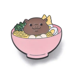 Adorable cartoon capybara in pink ramen bowl enamel pin badge accessory for jackets