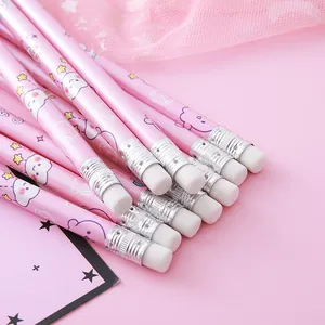 Cute pink wooden pencils with cartoon cloud patterns and white erasers for students