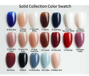 Detailed color swatch card for 19 solid shades of almond-shaped short press-on nails