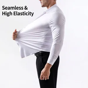 Detailed view of white high elasticity men's business shirt showing fabric stretchability