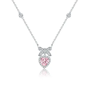 Collana con Ciondolo a Cuore e Fiocco in Argento Sterling 925 Strass Dolce Nodo Principessa Pietra Rosa Bianco Gioielli Regalo