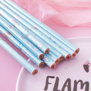 Set of creative light blue wooden pencils with cute cartoon illustrations for school