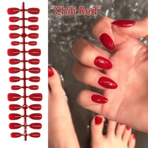 Professional chili red almond-shaped short press-on nails set for manicure and pedicure