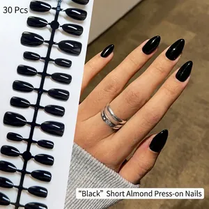 Professional glossy black short almond press-on nails set with 30 pieces of nail tips