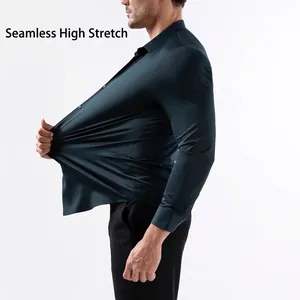 Detail of high elasticity stretch on a dark green men's long sleeve business shirt.