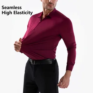 Men's high-stretch long-sleeved business shirt in burgundy showing fabric elasticity