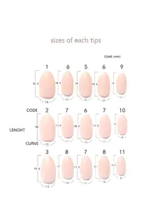 Comprehensive size chart for almond shaped press-on nails with mm measurements