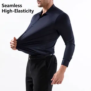 Close-up detail showing the high stretch fabric of navy blue men's business shirt