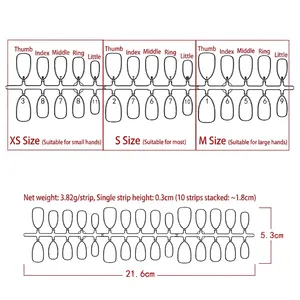 Detailed size chart for handmade almond press-on nails with measurements.