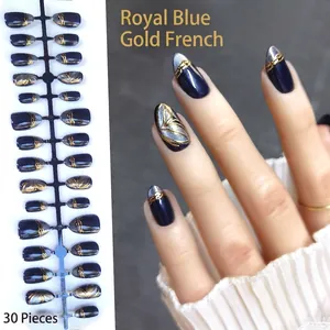 Royal blue press-on nails with gold gilded French tip design, 30 pieces set for manicure