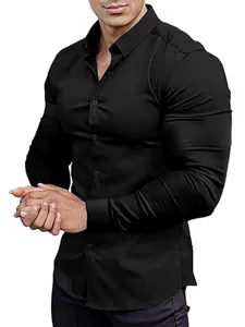 Classic men's slim fit long sleeve black business shirt with high stretch fabric