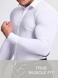 Premium white long sleeve muscle fit business dress shirt with high stretch fabric.