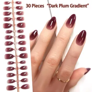 Realistic plum gradient almond press-on nails set with 30 pieces shown on a hand