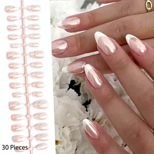 Elegant pearlescent almond press-on nails with white French tips set of 30 pieces