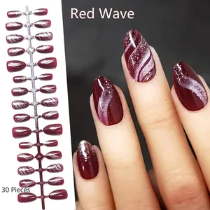 Red almond press-on nails with silver wave glitter design, 30 pieces set for women.