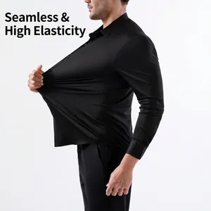 High elasticity men's seamless long sleeve business shirt in black showing stretch