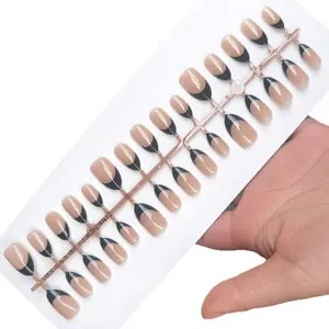 Elegant nude and black french tip almond shaped press-on nails for a natural daily look