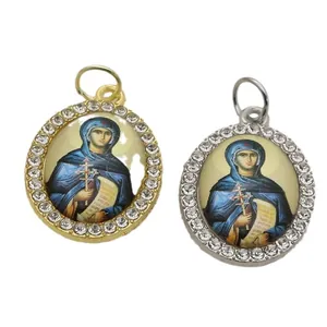 Elegant religious oval pendant charms with crystal rhinestones in gold and silver