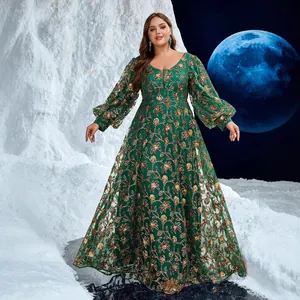 Plus Size Emerald Green Evening Gown For Women Sequin Floral Embroidery V-Neck Lantern Sleeve Elegant Mesh Maxi Dress Party