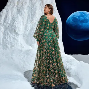 Elegant V-neck sequin embroidered evening gown with lantern sleeves in emerald green.