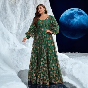 Elegant V-neck green sequin embroidered evening gown with lantern sleeves on model