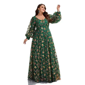 Elegant green V-neck evening gown with golden sequin floral embroidery and lantern sleeves