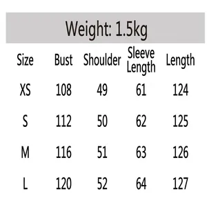 Guide des tailles pour manteau d'hiver long et épais pour femme, XS-L, poids 1,5kg