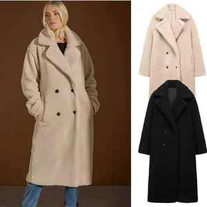 Manteau Long Teddy Bear pour Femmes Veste en Fausse Fourrure Chaude en Laine d'Agneau Oversize Double Boutonnage Revers Manteau d'Hiver