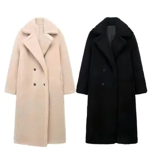 Manteau extra long et épais pour femme automne hiver avec grand revers en beige et noir